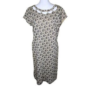 Vintage 60s Shift Dress Cap Sleeve Womens Size L Gold Black Cage Cut Out Mod